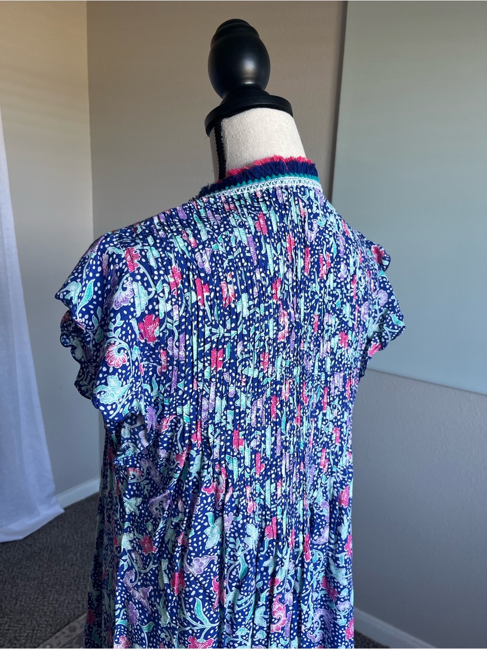 Poupette St Barth Blue Pink Print Tunic Dress Fringe V Neck Cover Up Size S - Picture 7 of 10